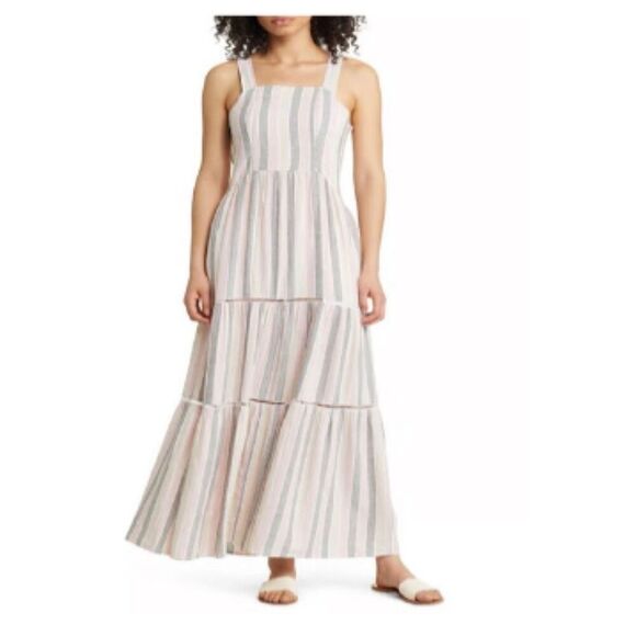 Caslon Womens Striped‎ Square Neck Linen Blend Maxi Dress Pink Cabana Medium NWT - Picture 1 of 13